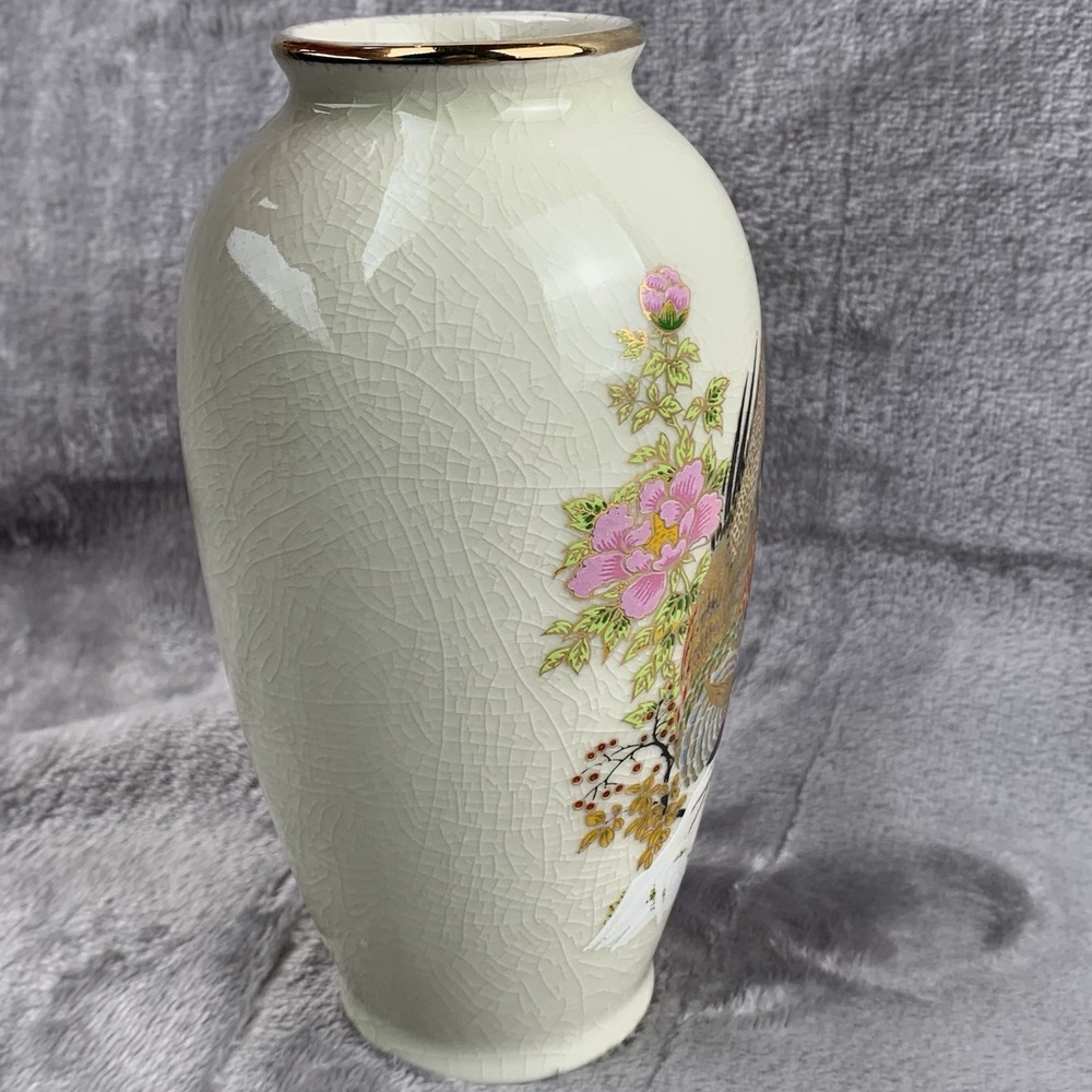 Vintage Vase Handpainted With Gold Leaf Pheasants Made In Japan Crazing - Picture 3 of 14